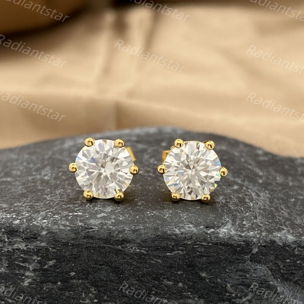 NEW Certified 4ct. t.w. Moissanite 6 Prong Solitaire Gold Stud Earrings